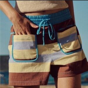 FP Movement by Free People Brown and Blue Striped Women's High Waist Shorts